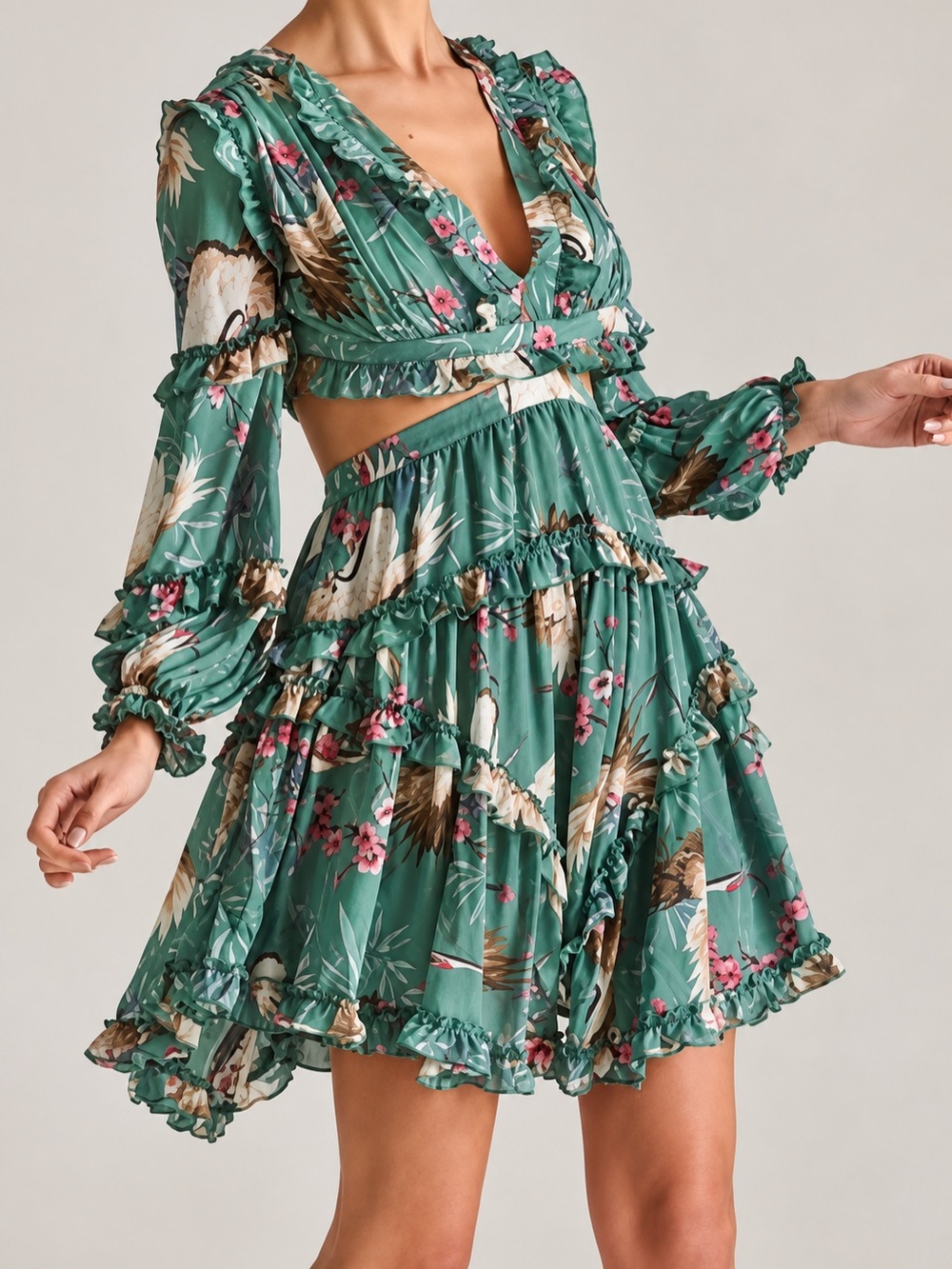 Forever Unique Floral Ruffle Cutout Mini Dress - Green size US10